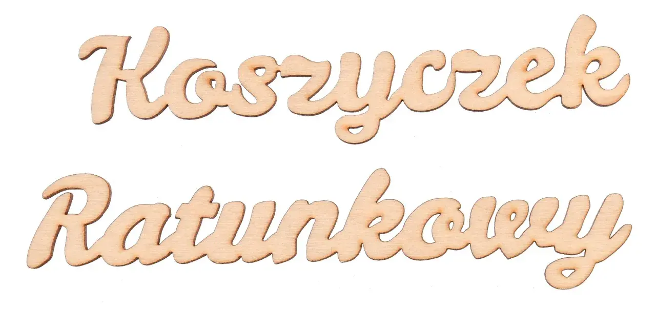 Drewniane napisy "Koszyczek Ratunkowy" w stylu kaligraficznym.