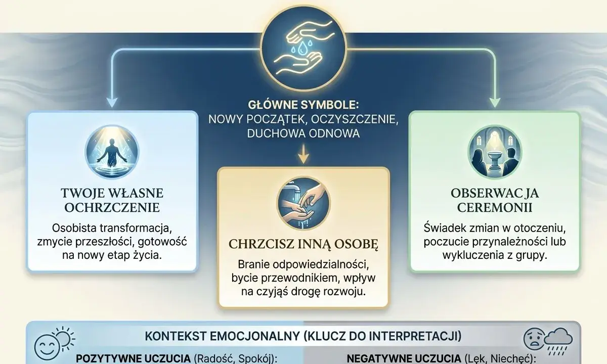 Co to jest chrzest święty we śnie? Symbolizuje nowy początek, oczyszczenie i duchową odnowę. Może oznaczać osobistą transformację lub branie odpowiedzialności za innych.