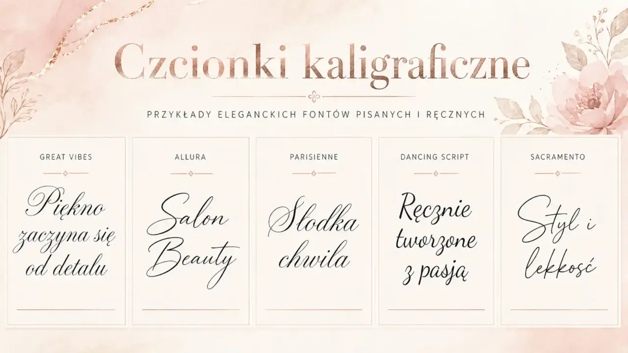 Przykłady eleganckich fontów pisanych: "Piękno zaczyna się od detalu", "Salon Beauty", "Słodka chwila", "Ręcznie tworzone z pasją", "Styl i lekkość". Każdy to piękna czcionka ozdobna.