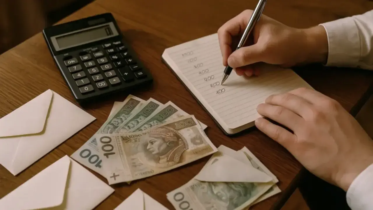 Ręka zapisuje w notesie, co zrobić z pieniędzmi z wesela. Obok leżą koperty, banknoty 100 zł i kalkulator.