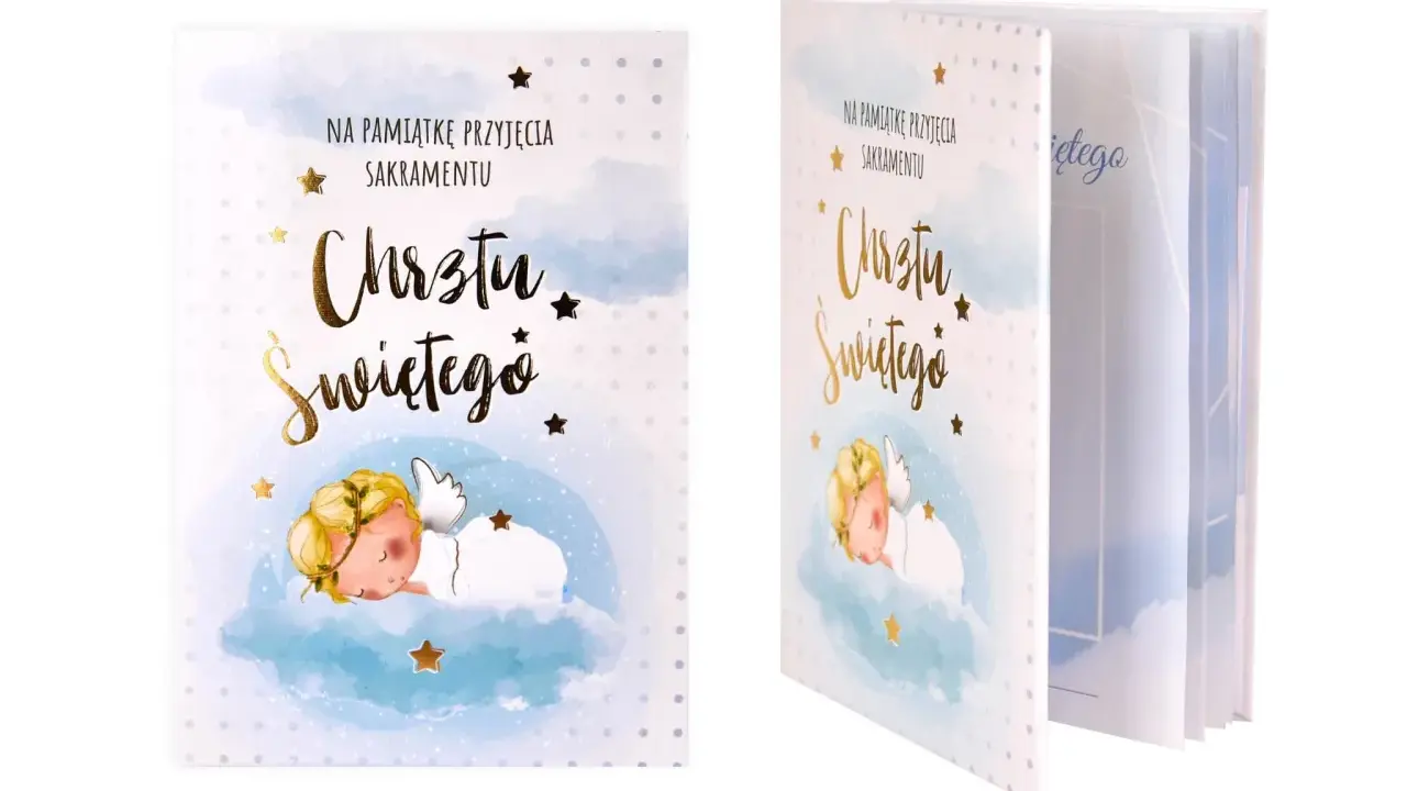 Pamiątka Chrztu Świętego. Uroczy aniołek na chmurce. Idealna, by wpisać datę, gdy sakramentu udzielono.