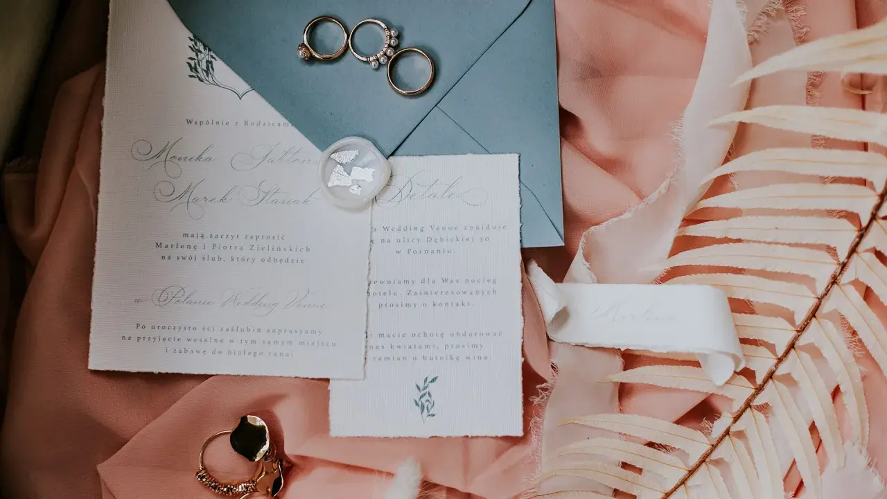 Eleganckie wypisywanie zaproszeń ślubnych z obrączkami i pieczęcią lakową.