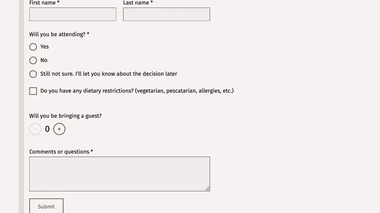 Formularz RSVP: imię, nazwisko, czy przyjmiesz zaproszenie na ślub, czy z gościem, ograniczenia dietetyczne i komentarze.