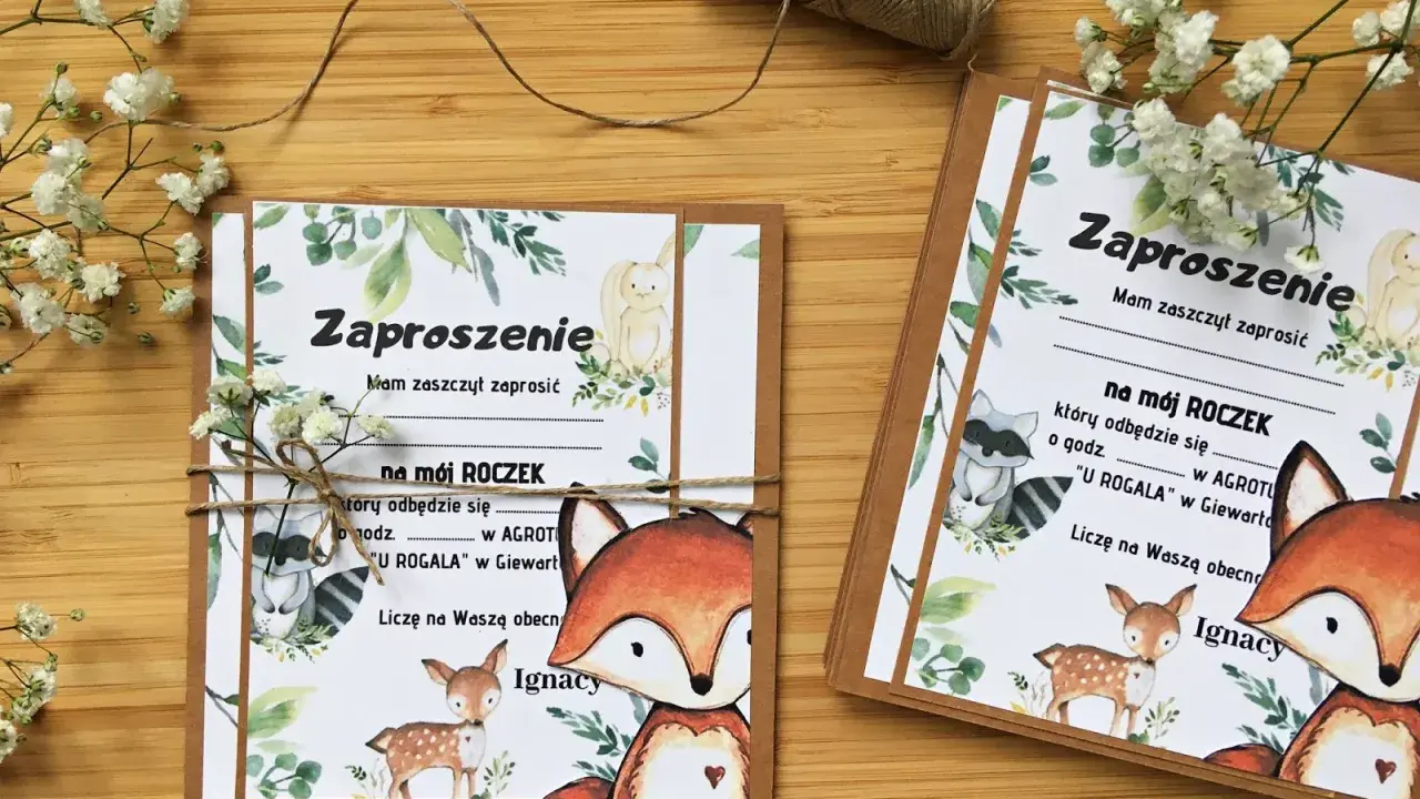 Zaproszenie na 1 urodziny tekstem "na mój ROCZEK" z motywem leśnych zwierzątek.