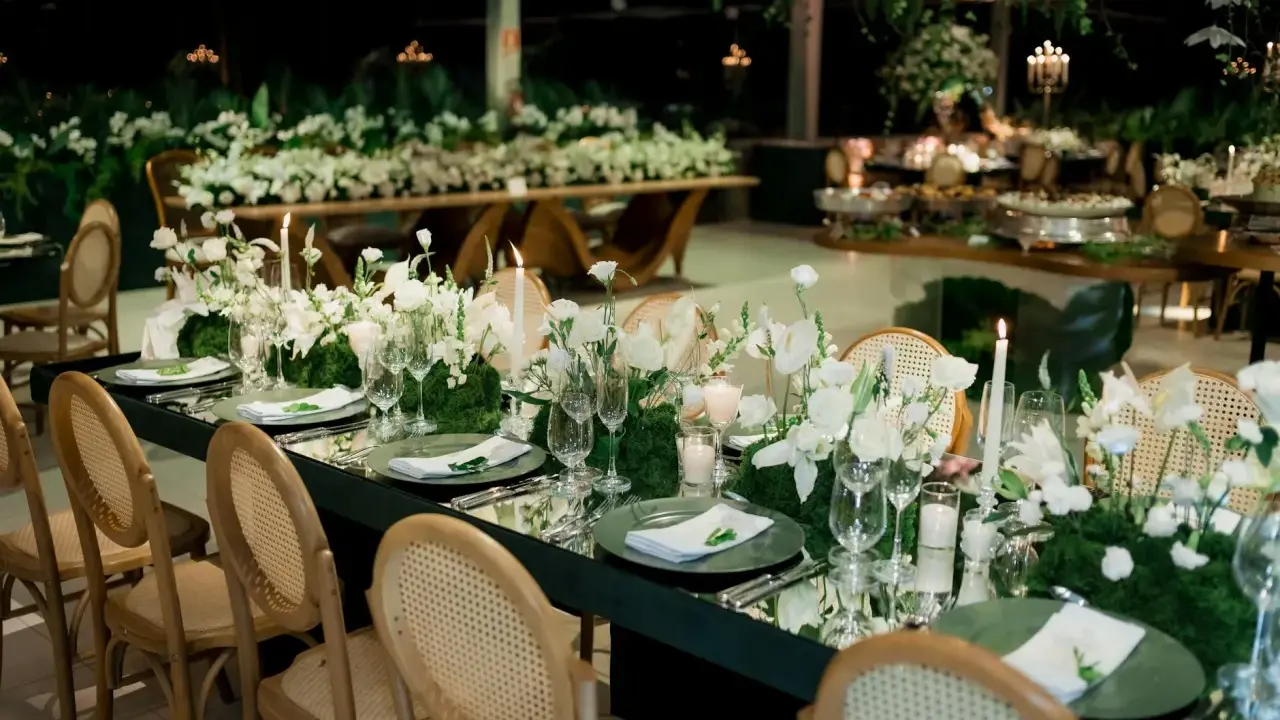 Elegancka dekoracja sali weselnej glamour: stół z białymi kwiatami, zielonym mchem, świecami i lustrzanym blatem.