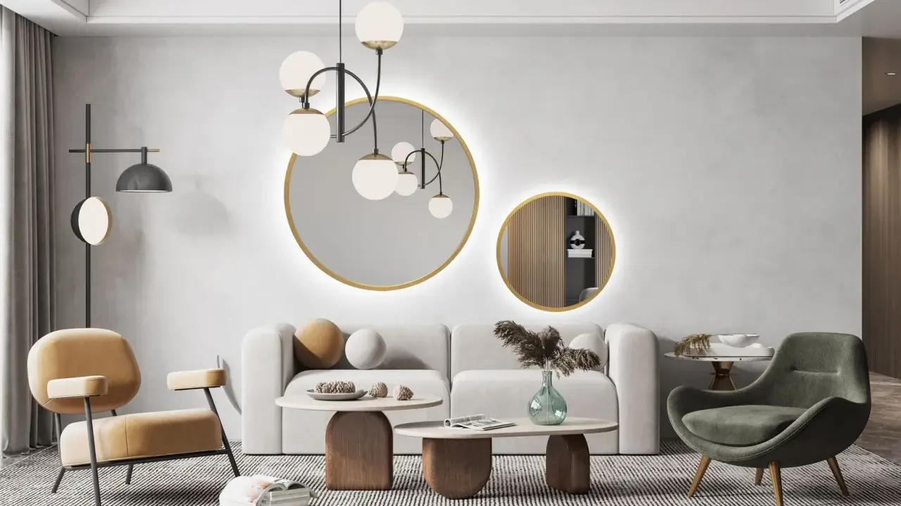 Nowoczesny salon z dwoma okrągłymi lustrami, które stanowią centralny punkt dekoracyjny.