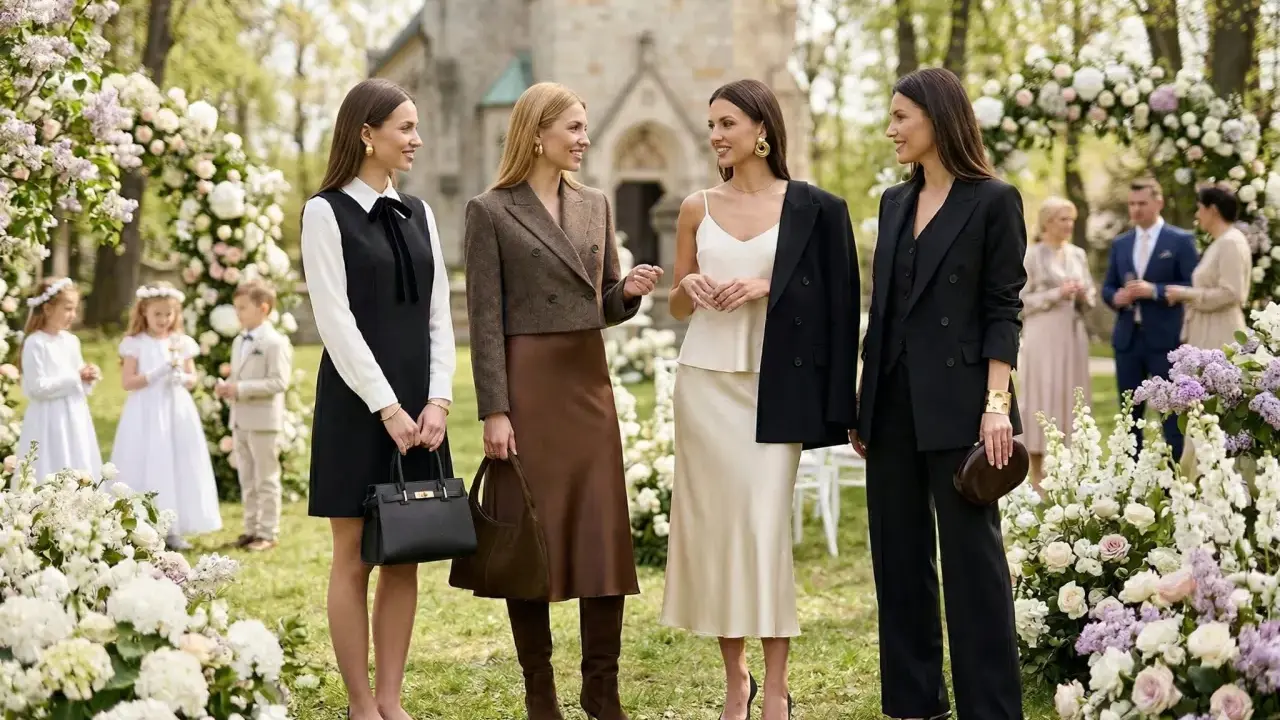 Eleganckie kobiety w stylizacjach na komunię, w tle kościół i dzieci w strojach komunijnych. Jak urozmaicić komunię?