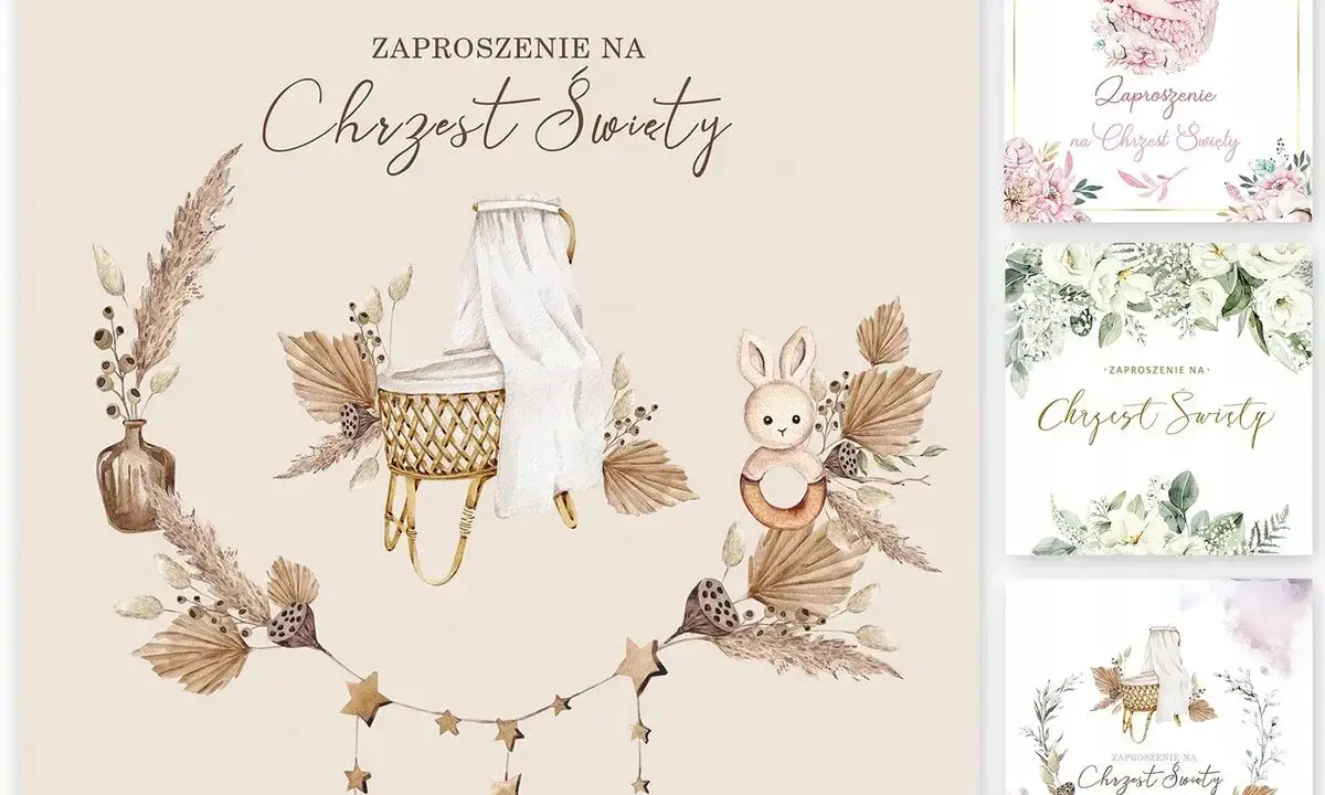 Elegancki zaproszenie wzór język polski na Chrzest Święty. Delikatne dekoracje z suszonych traw, koszyczek i króliczek.