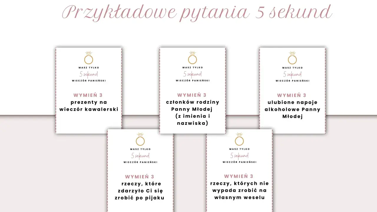 Karty z zadaniami na wieczór panieński: "wymień 3 prezenty na wieczór kawalerski", "wymień 3 członków rodziny Panny Młodej", "wymień 3 ulubione napoje alkoholowe Panny Młodej", "wymień 3 rzeczy, które zdarzyło Ci się zrobić po pijaku", "wymień 3 rzeczy...