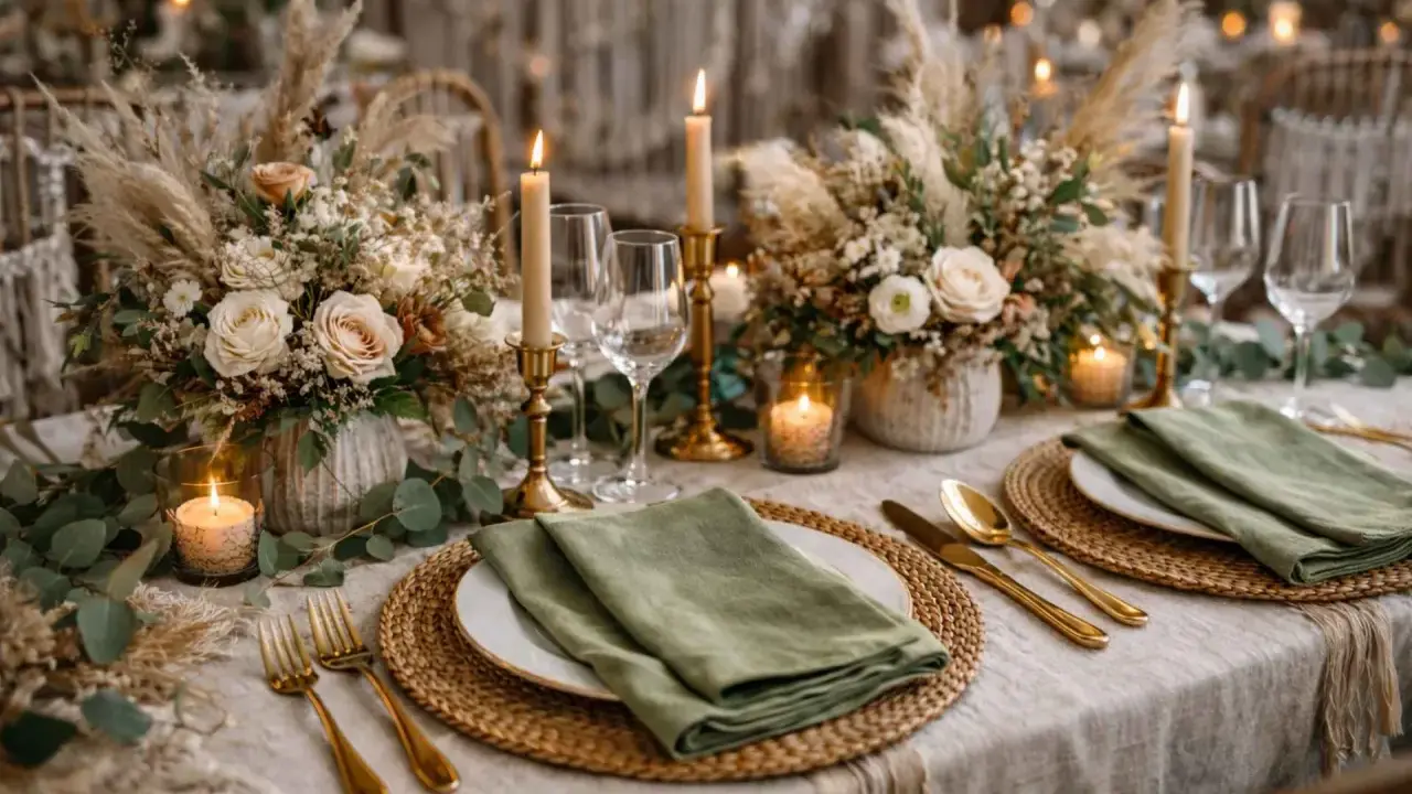 Elegancka dekoracja sali boho: kwiaty, trawy pampasowe, świece i złote sztućce tworzą ciepłą atmosferę.