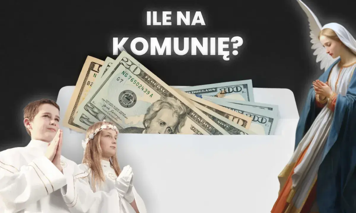 Dzieci w strojach komunijnych, koperta z dolarami i Matka Boska. Ile dać na komunię wnuczce?