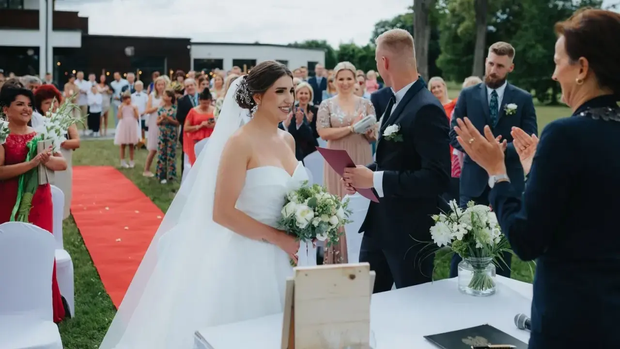Para młoda podczas ceremonii ślubu cywilnego na zewnątrz. Panna młoda w sukni, pan młody w garniturze. Goście obserwują.