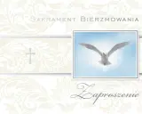 Eleganckie zaproszenie na bierzmowanie z motywem gołębicy i krzyża. Tekst zaproszenia jest ozdobiony subtelnymi wzorami.