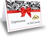 Eleganckie zaproszenie na ślub cywilny i obiad, ozdobione czerwoną wstążką, kokardą i złotymi obrączkami.