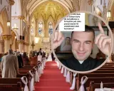 W kościele trwa ślub. W okręgu ksiądz odpowiada na pytanie: "kto nie może być świadkiem na ślubie kościelnym?".