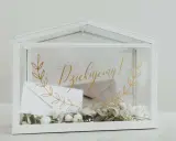 Eleganckie pudełko na koperty diy z napisem "Dziękujemy!" i złotymi gałązkami. Idealne na ślub lub inną uroczystość.