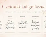 Przykłady eleganckich fontów pisanych: "Piękno zaczyna się od detalu", "Salon Beauty", "Słodka chwila", "Ręcznie tworzone z pasją", "Styl i lekkość". Każdy to piękna czcionka ozdobna.