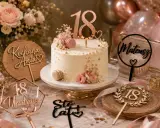 Elegancki tort na 18. urodziny z dekoracjami: topper "18", napisy "Kochana Ania", "Mateusz", "18 Urodziny", "Sto lat!".