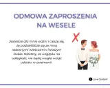 Wzór odmowy zaproszenia na wesele. Ilustracja pary młodej z przekreślonym X.