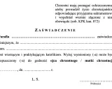 Wzór zaświadczenia o byciu ojcem chrzestnym lub matką chrzestną. Dokument potwierdza, że osoba jest wierzącym i praktykującym katolikiem.