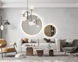 Nowoczesny salon z dwoma okrągłymi lustrami, które stanowią centralny punkt dekoracyjny.