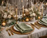 Elegancka dekoracja sali boho: kwiaty, trawy pampasowe, świece i złote sztućce tworzą ciepłą atmosferę.