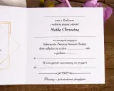 Zaproszenie na Komunię Świętą dla Matki Chrzestnej. Jak wypisać zaproszenie z dzieckiem? Elegancki wzór z motywem złotego geometrycznego kształtu i kwiatów.