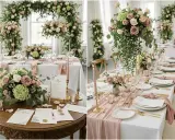Eleganckie dekoracje stołu weselnego w pastelowych kolorach: pudrowy róż, zieleń i biel. Bukiet róż i hortensji, złote świeczniki i menu.