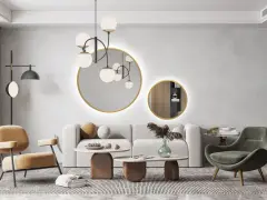 Nowoczesny salon z dwoma okrągłymi lustrami, które stanowią centralny punkt dekoracyjny.