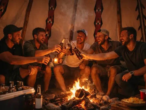Pięciu uśmiechniętych mężczyzn wznosi toasty butelkami piwa przy ognisku. Niezapomniany wieczór kawalerski w górach.
