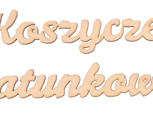 Drewniane napisy "Koszyczek Ratunkowy" w stylu kaligraficznym.