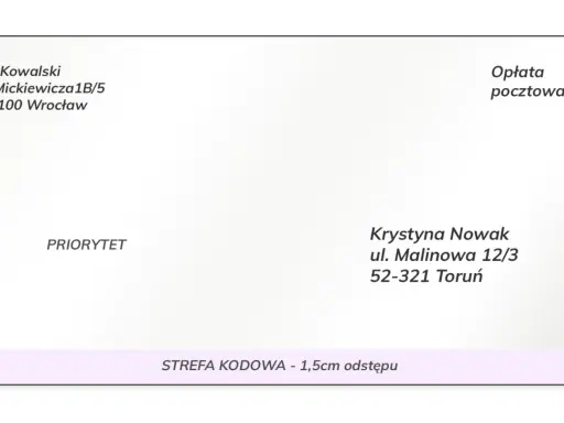 Koperta z adresem nadawcy Jan Kowalski, Wrocław i odbiorcy Krystyna Nowak, Toruń. Widoczna opłata pocztowa i oznaczenie PRIORYTET.