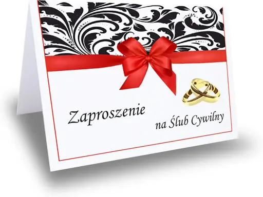 Eleganckie zaproszenie na ślub cywilny i obiad, ozdobione czerwoną wstążką, kokardą i złotymi obrączkami.