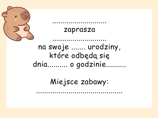 Urocze zaproszenie na urodziny dziecka do druku z misiem. Zaprasza na swoje urodziny, podaj datę, godzinę i miejsce zabawy.