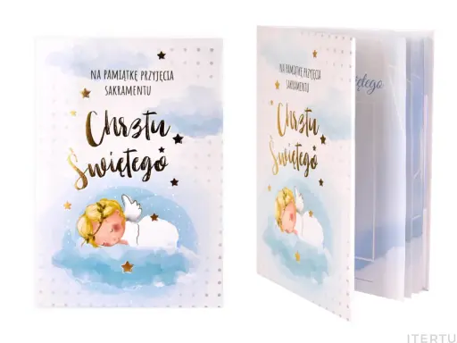 Pamiątka Chrztu Świętego. Uroczy aniołek na chmurce. Idealna, by wpisać datę, gdy sakramentu udzielono.