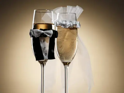 Dwa kieliszki szampana, jeden w stroju pana młodego, drugi z welonem panny młodej. Idealne wino dla pary młodej na toast.
