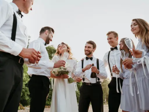 Świadek na ślubie cywilnym otwiera szampana, celebrując radość młodej pary. Wszyscy goście trzymają kieliszki, gotowi do toastu.
