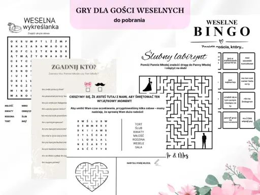 Gry weselne dla gości: wykreślanka, bingo, labirynt i zgadywanki. Zabawy, które umilą czas oczekiwania na ślub i sprawią radość!