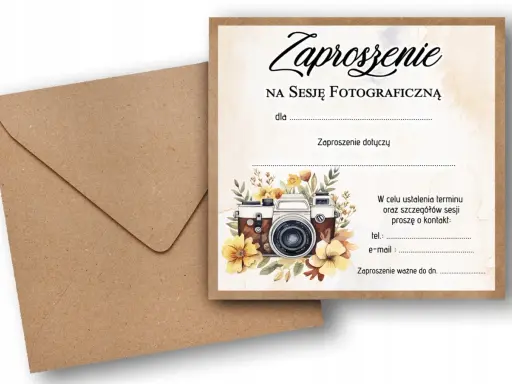 Zaproszenie na sesję fotograficzną z motywem aparatu i kwiatów. Tekst zaproszenia zawiera pola do uzupełnienia danych.