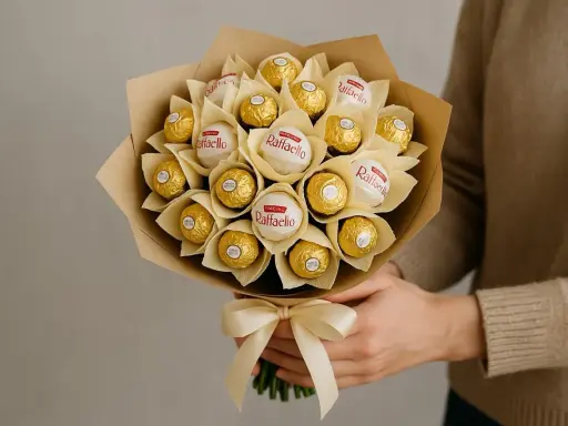Bukiet z Raffaello i Ferrero Rocher, idealny pomysł na prezent. Jak zrobić bukiet z merci?