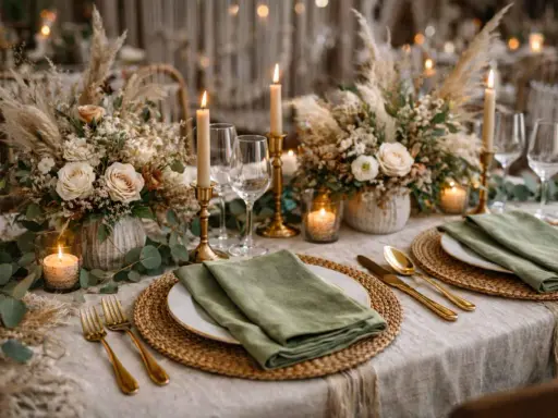 Elegancka dekoracja sali boho: kwiaty, trawy pampasowe, świece i złote sztućce tworzą ciepłą atmosferę.