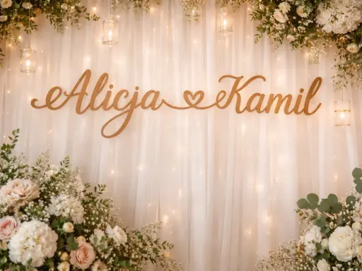 Drewniane imiona na ściankę weselną: Alicja i Kamil, ozdobione kwiatami i światełkami.