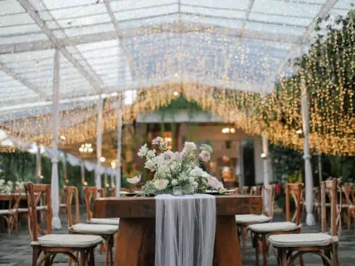 Eleganckie dekoracje stołów weselnych nowości: drewniane stoły, bukiety kwiatów i mnóstwo światełek tworzą magiczną atmosferę.