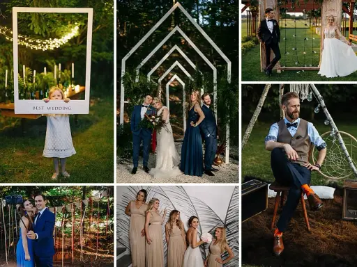 Urocze, niestandardowe atrakcje weselne: dziecięca ramka "Best Wedding", para młoda pod łukiem, panna młoda i pan młody na tle natury, goście z selfie stickiem, drużba i drużki, oraz elegancki pan młody w boho klimacie.