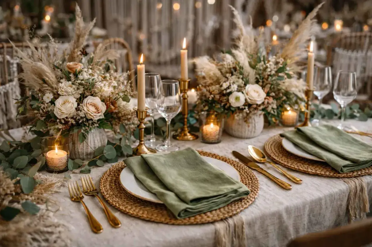 Elegancki st&oacute;ł na ślub w stylu boho: złote sztućce, zielone serwetki, świece i bukiety z traw pampasowych tworzą magiczną atmosferę.