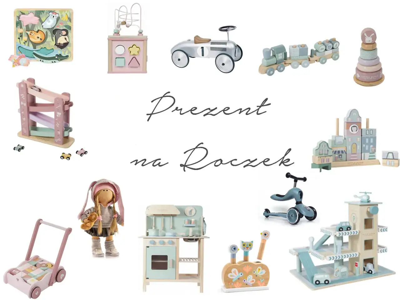 Kolekcja zabawek: puzzle, sorter, autko, pociąg, wieża, zjeżdżalnia, lalka, kuchnia, jeździk, garaż. Idealny prezent na roczek.