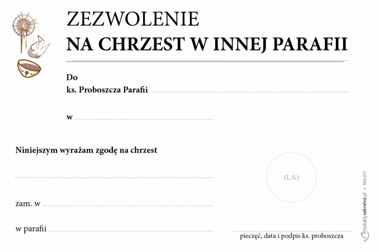 Zezwolenie na chrzest w innej parafii. Wpisz dane, aby udzielono sakramentu.