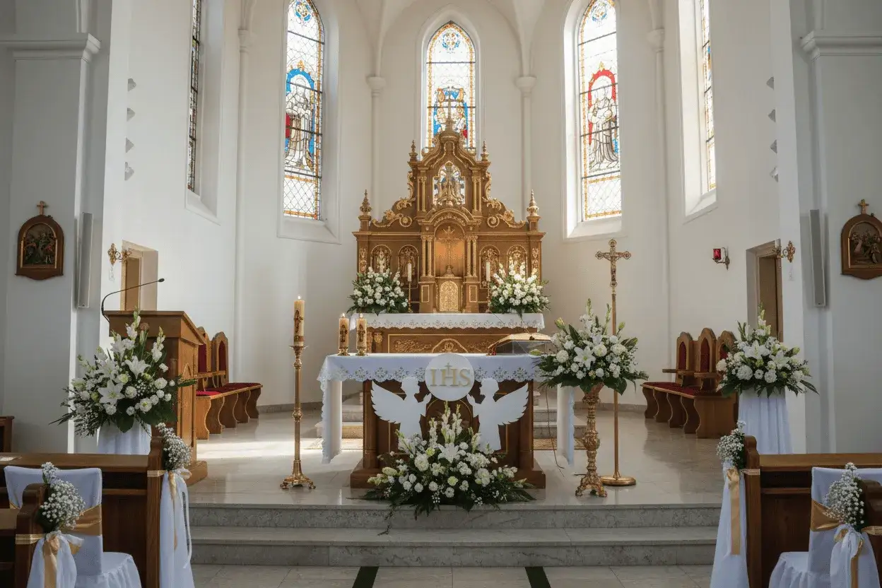Ołtarz w kościele udekorowany na komunię. Białe kwiaty, świece i witraże tworzą uroczystą atmosferę.