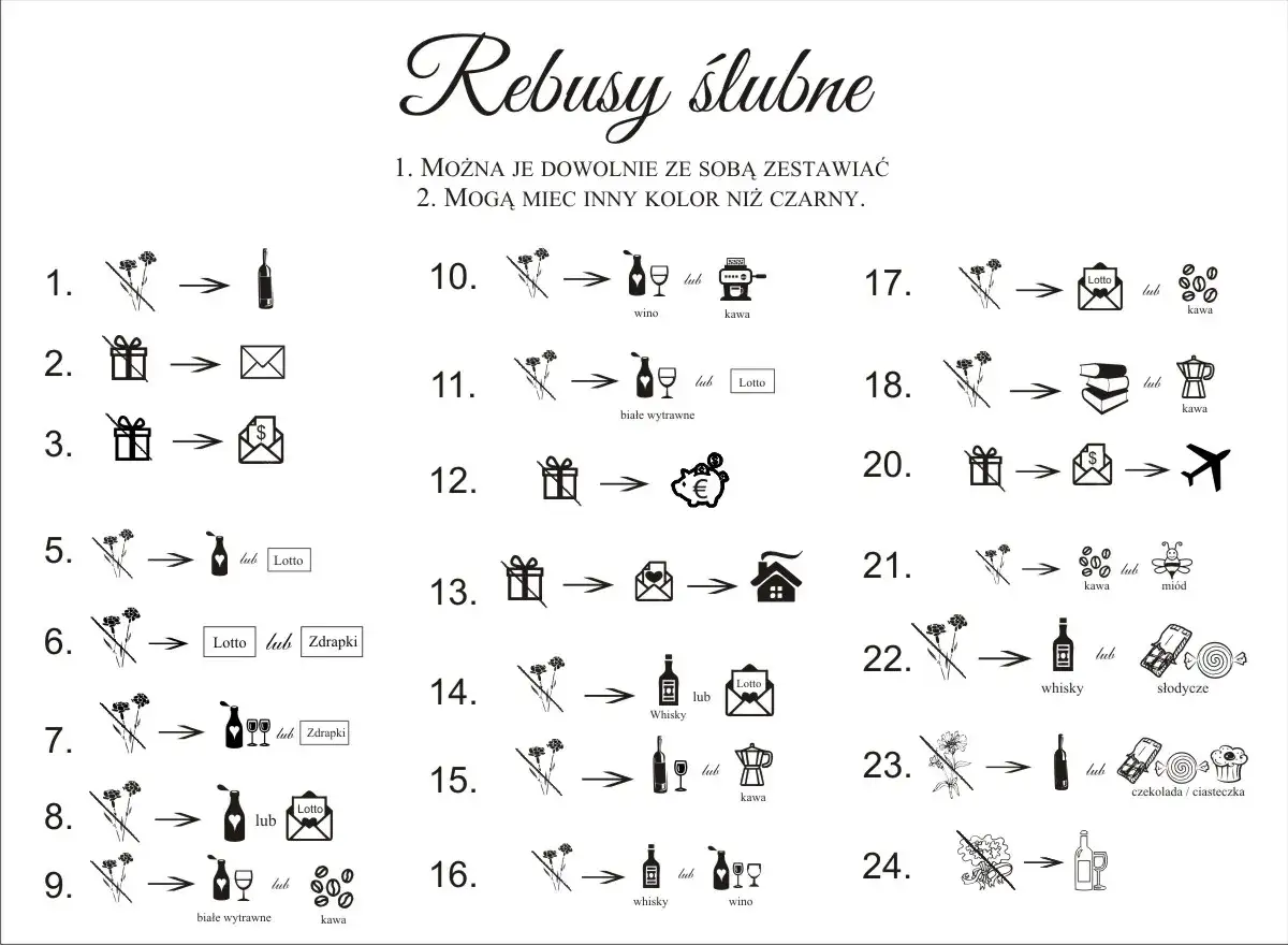 Rebusy do zaproszeń ślubnych: kwiaty, prezenty, wino, kawa, Lotto, podróże i inne pomysły na kreatywne teksty.