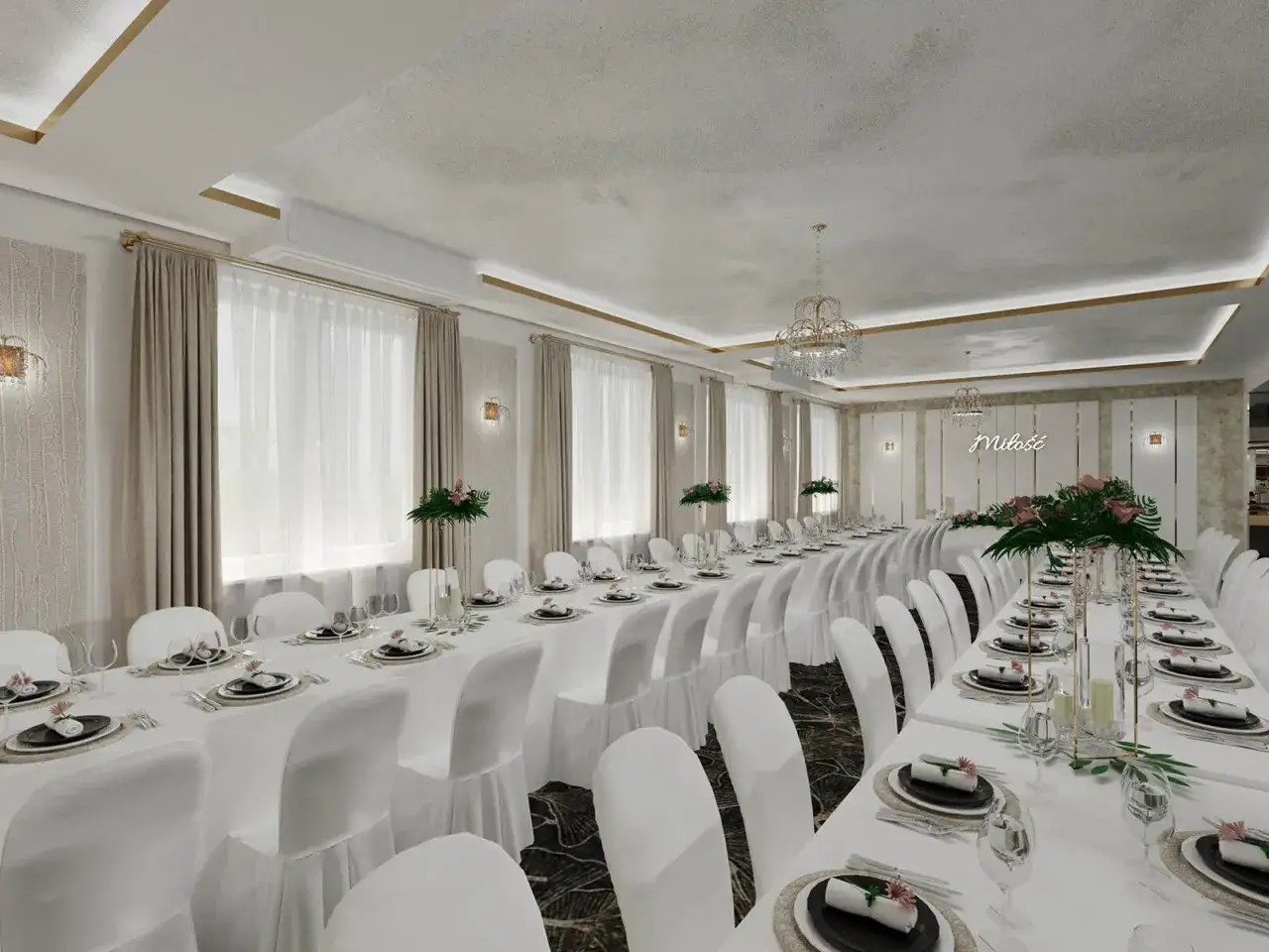 Elegancka sala weselna z długimi stołami, białymi pokrowcami na krzesła i dekoracjami kwiatowymi. Idealne miejsce, by dowiedzieć się, jak napisać maila o salę weselną.